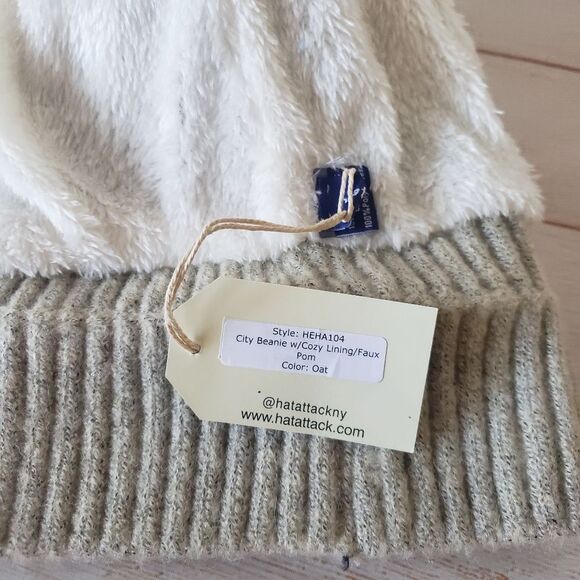 Hat Attack City Beanie w/Cozy Lining Faux Pom Pom in Oat Beige Knitted One Size main image 7